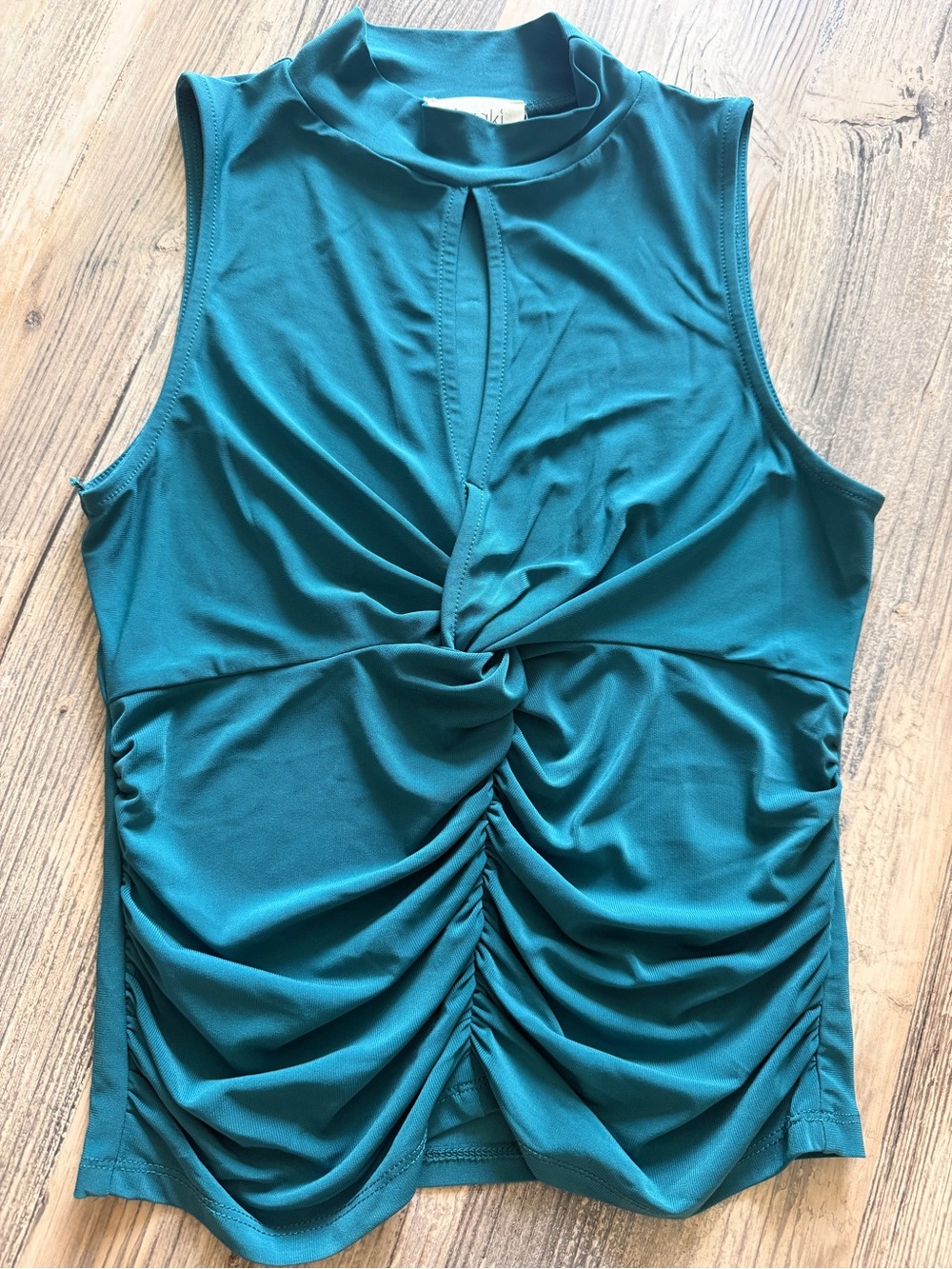 meraki Teal Twist-Ruched Mock Neck Tank